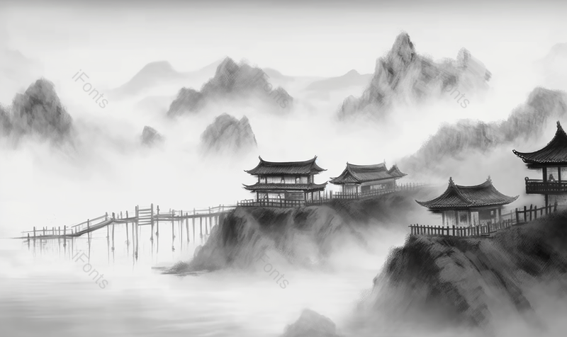 中国风经典黑白色水墨山水画古风房屋建筑小桥古桥平静的湖水手绘插画,插画/手绘图,插画/手绘图库,插画/手绘图下载,插画/手绘